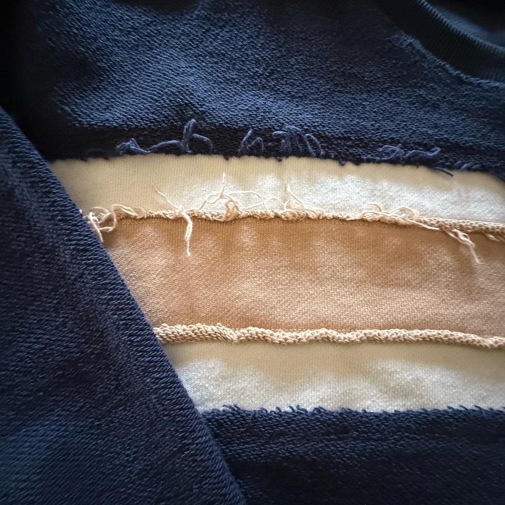 Aemi+Co Women's Navy Stripe Crewneck with Tan and Cream Bands - Picture 6 of 7